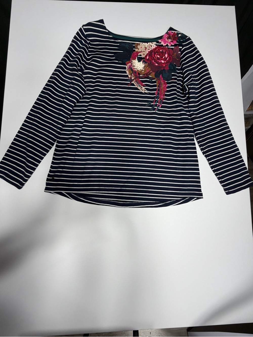 Joules Navy & White Striped Long-Sleeve Tee with Floral Applique women’s size 14